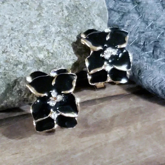 Artsy Glossy Black Enamel Tropical Flowers Austrian Crystal Gold Tone Earrings - Picture 1 of 7